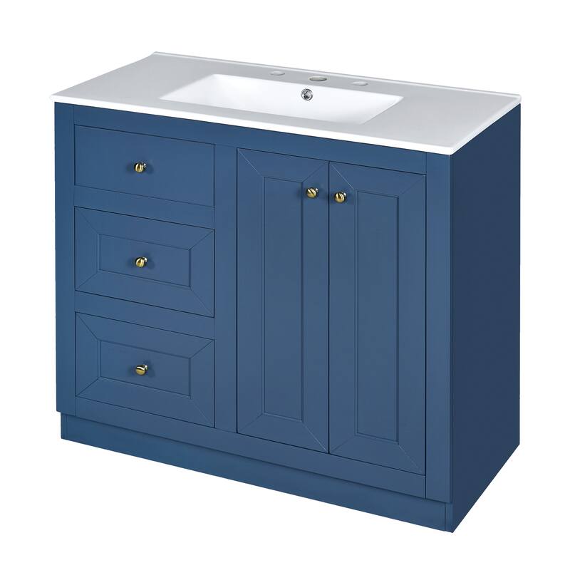 Bathroom Vanity with Ceramic Sink, Solid Wood Bathroom Storage Cabinet, Vanity Set with 2 Drawers & Double Door