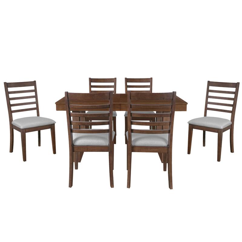 7 Piece Wood Extendable Dining Table Set with 6 Upholstered Chairs