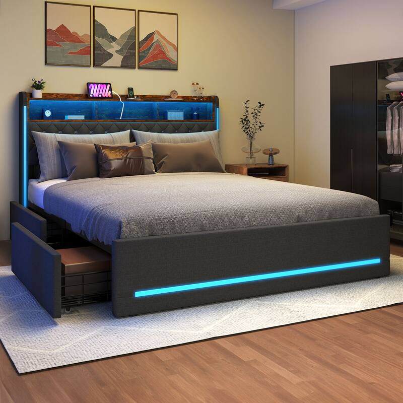 Moasis Queen Bed Frame with Headboard & 4 Storage Drawers, Modern Upholstered Faux Leather Platform Bed - Grey