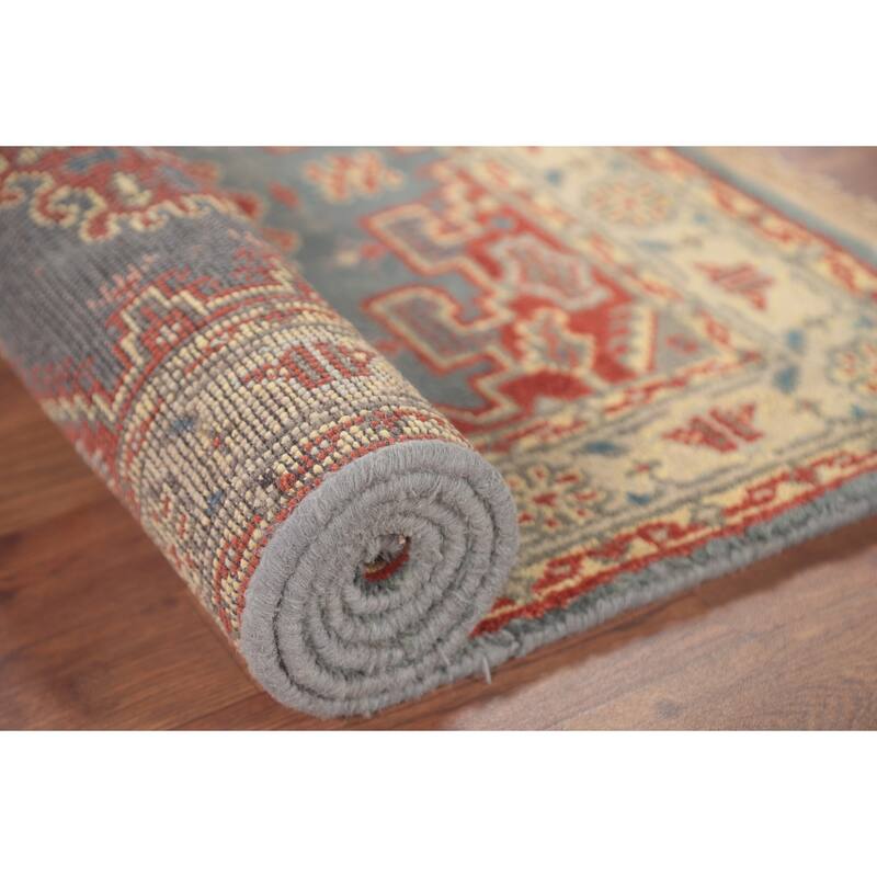 Gray Geometric Kazak Accent Rug Hand-Knotted Oriental Wool Carpet - 2'11"x 5'1"