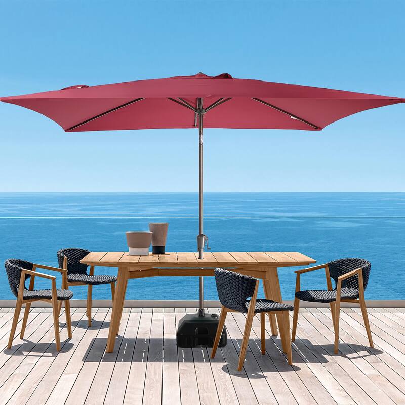 10’ x 6.5’ Tilt and Crank Rectangular Patio Umbrella with Base Stand - Dark Red