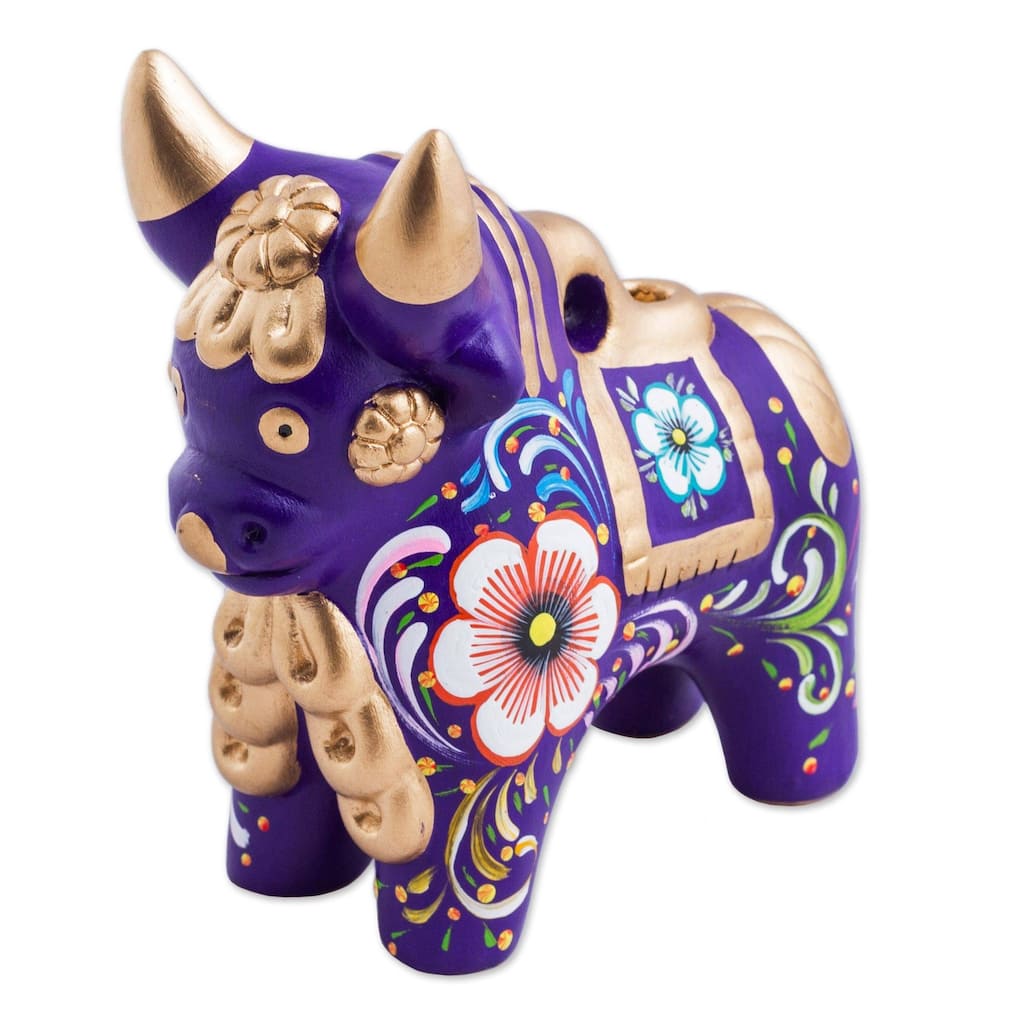 Handmade Ceramic Figurine, 'Purple Pucara Bull' (Peru)