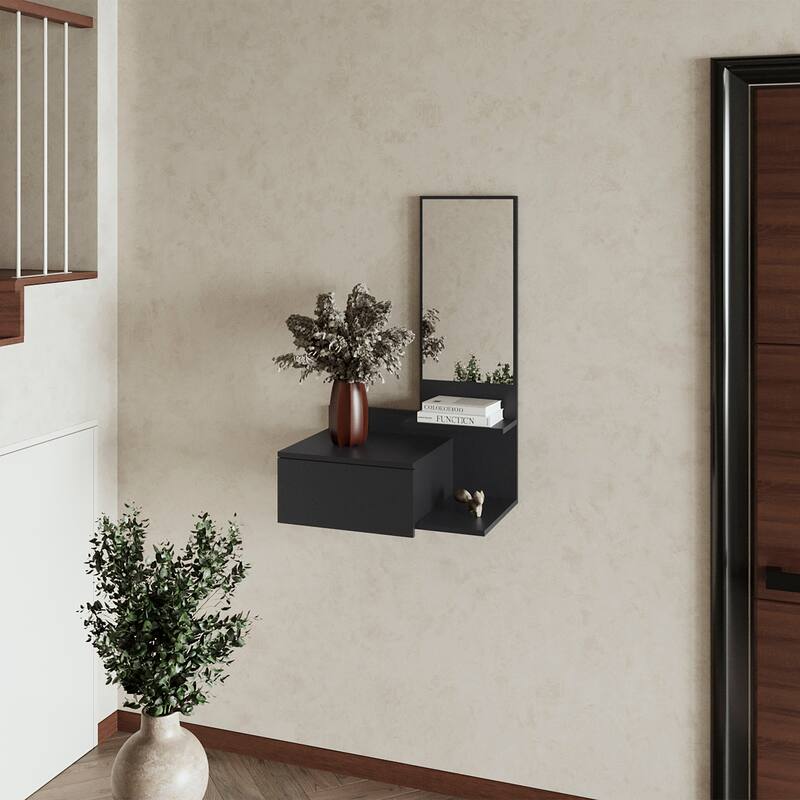 Elgin Floating Vanity with Included Mirror, White - Black