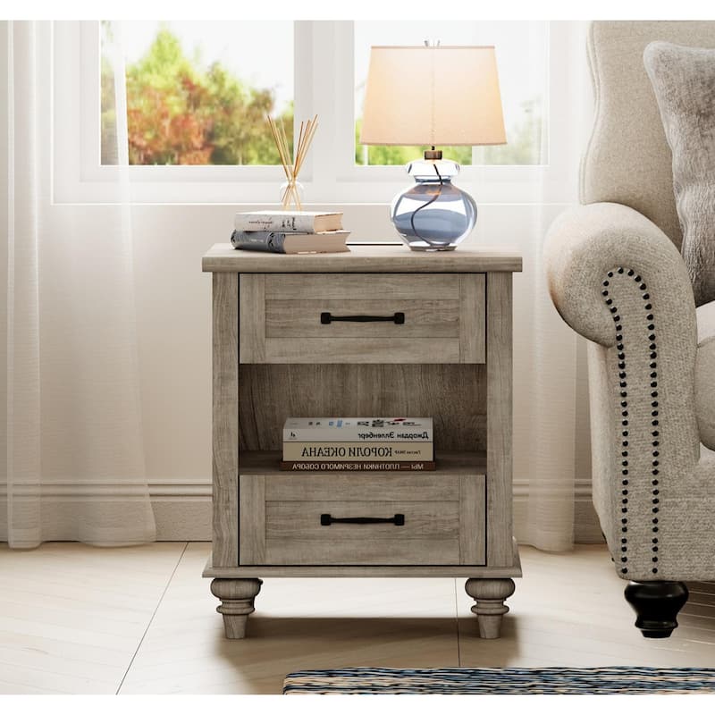Farmhouse End Table Nightstands with Charging Station & Drawer