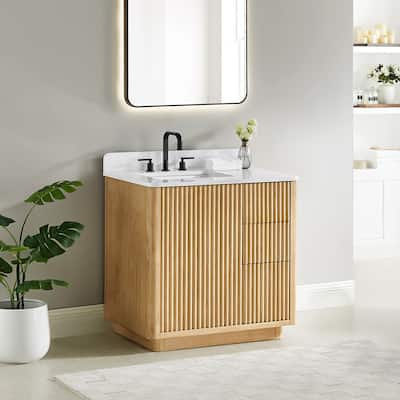 Clayton Bathroom Vanity in Washed Light Brown with Grain White Engineered Stone Countertop without Mirror