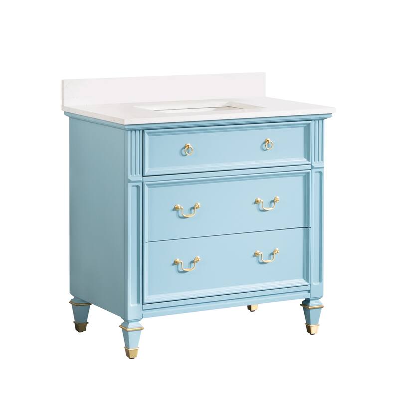 35'' H X 36'' W Solid Wood Bath Vanity with Stain-resistant Carrera White Quartz Top and Single Sink