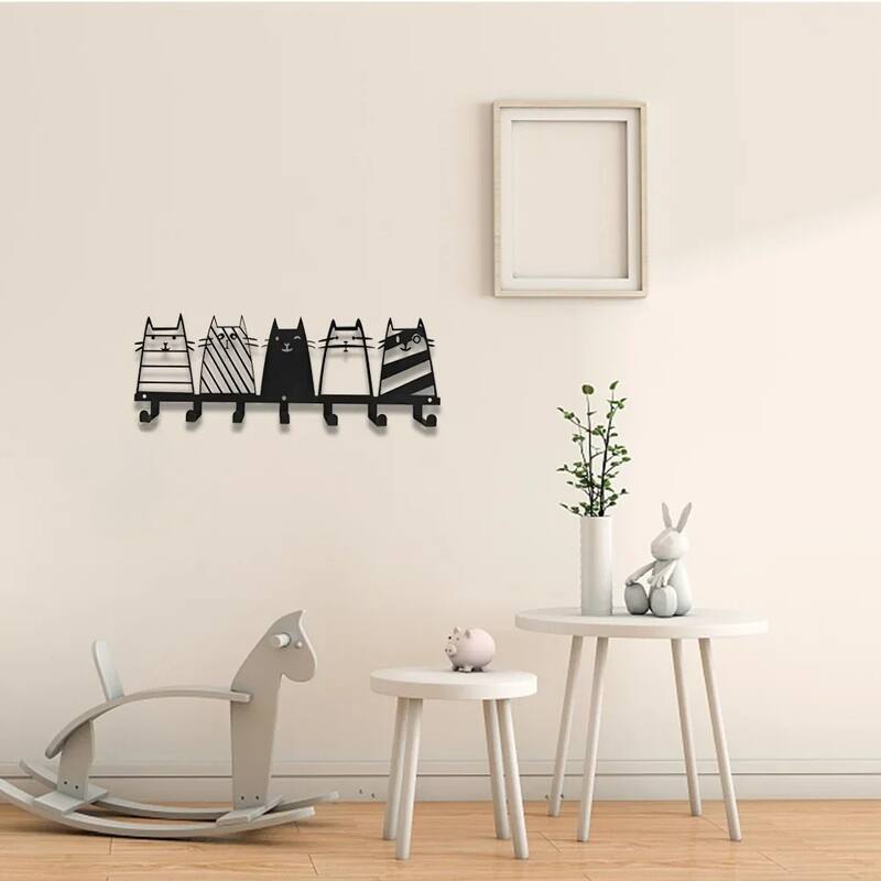 Cute Cat Wall Hooks 7-Hook Key Rack Coat Rack Modern Decor - 13.74" x 4.37"
