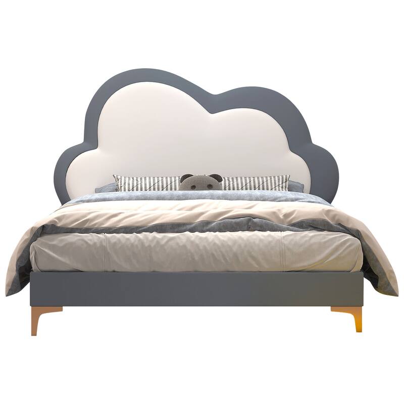 Queen Size Upholstered PU Leather Bed Frame, Kids Platform Bed with Elegant Flowers Headboard