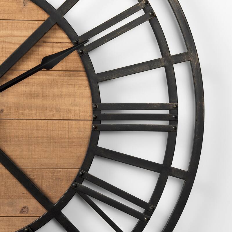 Lewiston Black Iron With Brown Wood 42" Round Wall Clock - 42.1"W x 2.5"D x 42.1"H
