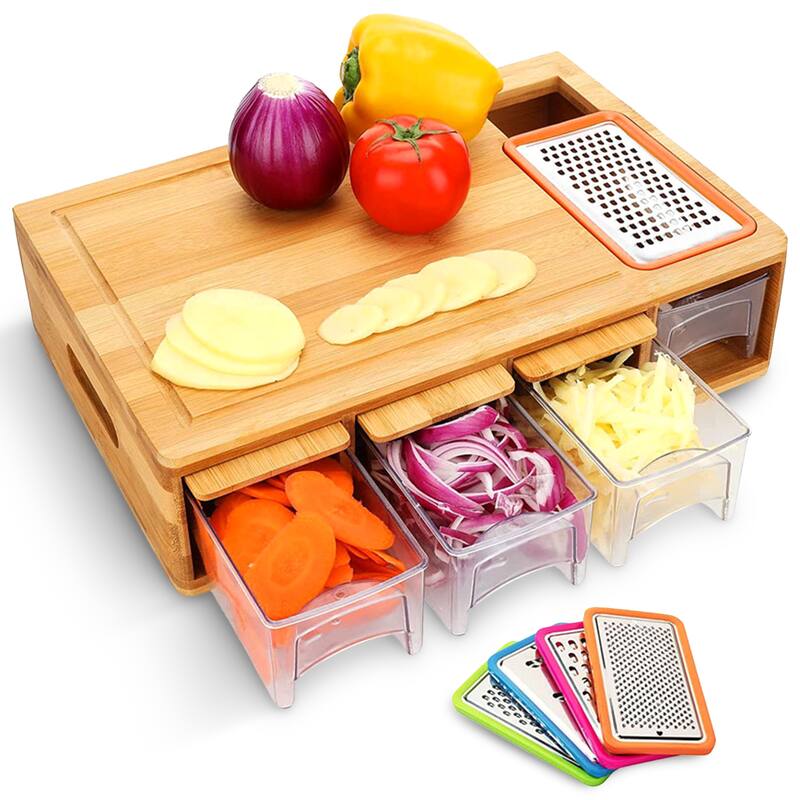 Cheer Collection Bamboo Cutting Board with 4 Graters and 4 Storage Trays - Brown