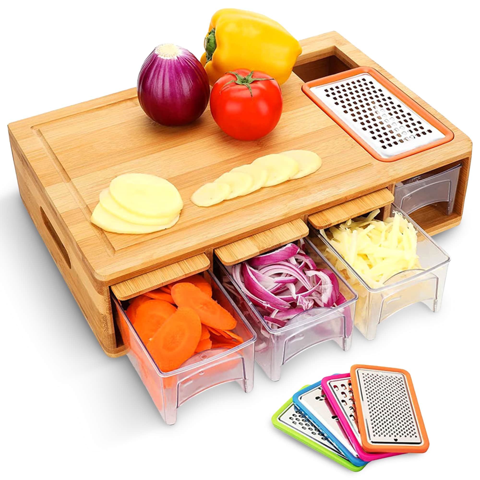 Cheer Collection Bamboo Cutting Board with 4 Graters and 4 Storage Trays