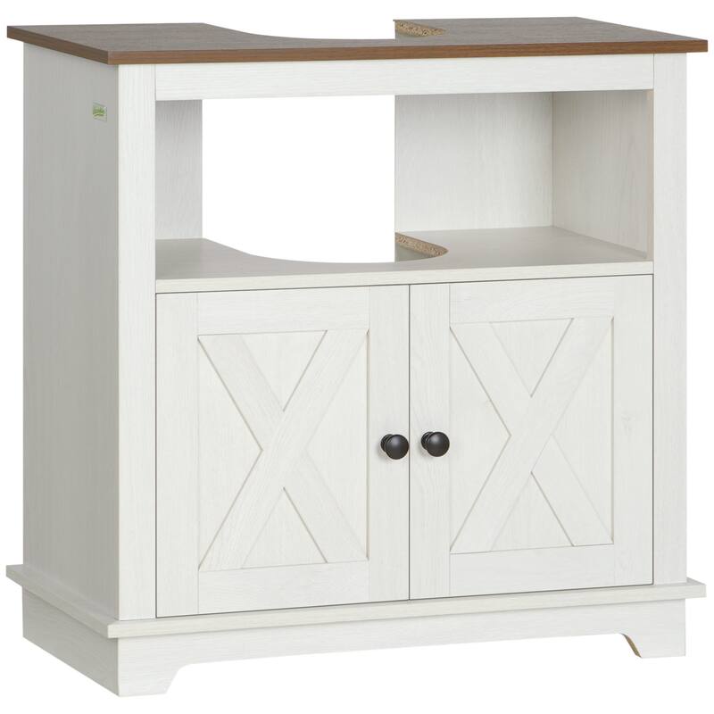 Farmhouse Pedestal Sink Cabinet, Compact Bathroom Storage with Double Doors, Open Shelf, U-Shaped Design - 23.5in L Particle Board - 23.5in L White