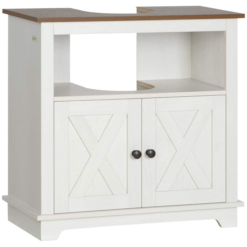Farmhouse Pedestal Sink Cabinet, Compact Bathroom Storage with Double Doors, Open Shelf, U-Shaped Design