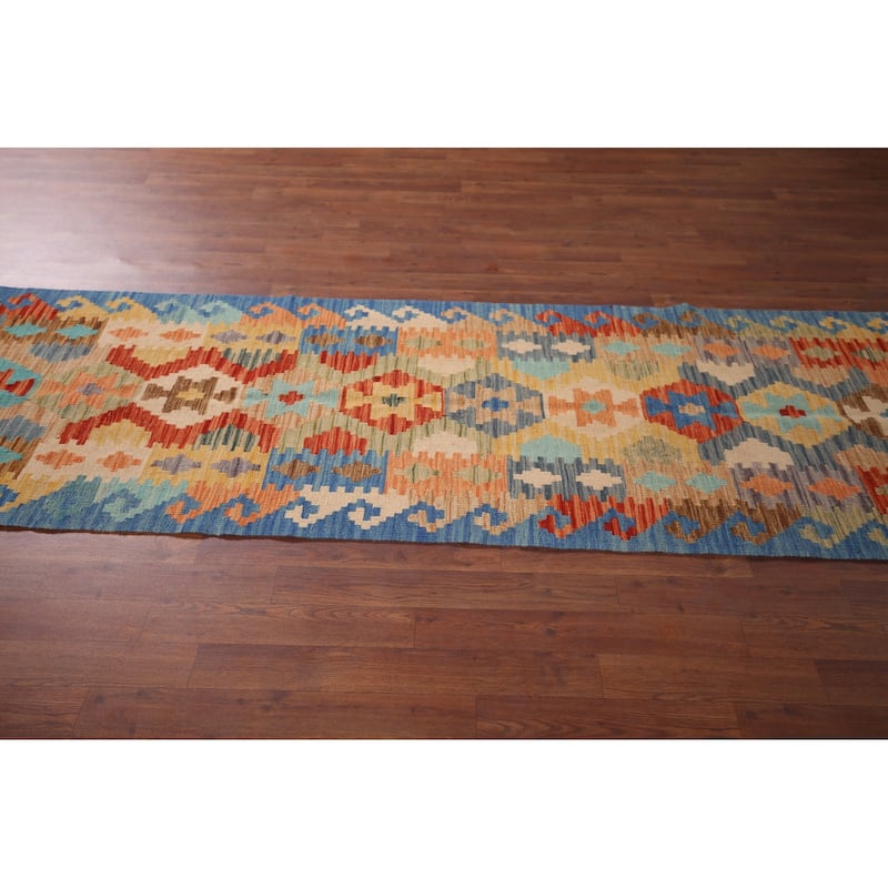 Geometric Kilim Reversible Runner Rug Flatweave Wool Carpet - 2'8"x 9'6"