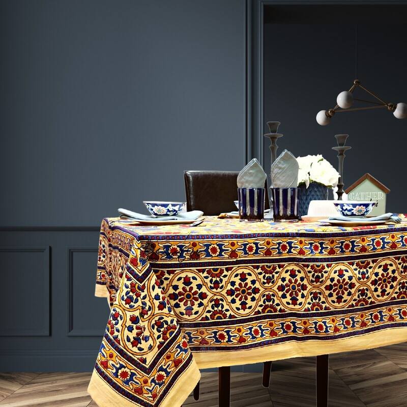 Bloom Kalamkari Lightweight Cotton Sunflower Tablecloth Rectangle - 106 x 106 in