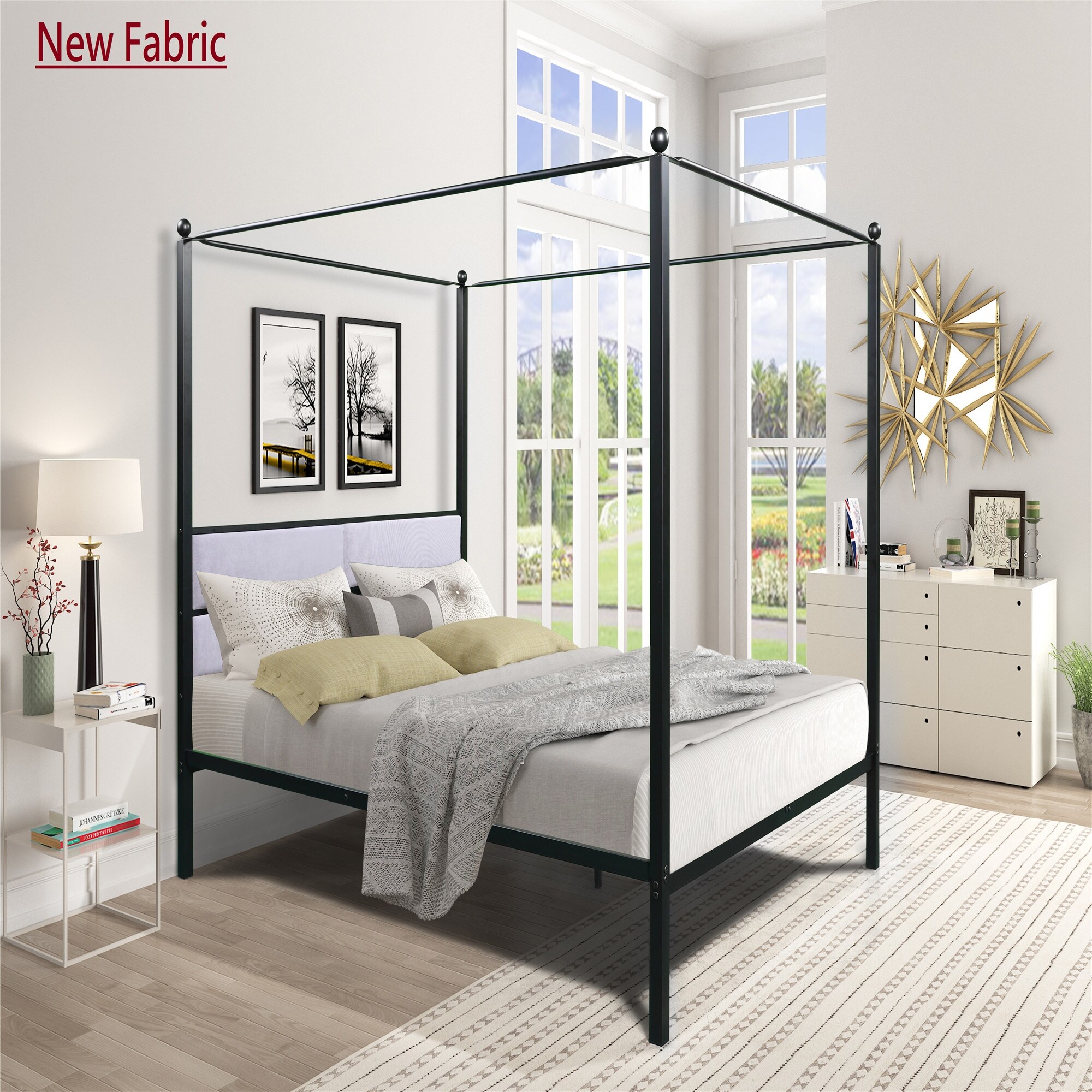 Queen Canopy Metal Upholstered Bed Frame With Four Posters Overstock 32654850 Find inspiration for how to decorate the bedroom with posters from desenio. overstock com