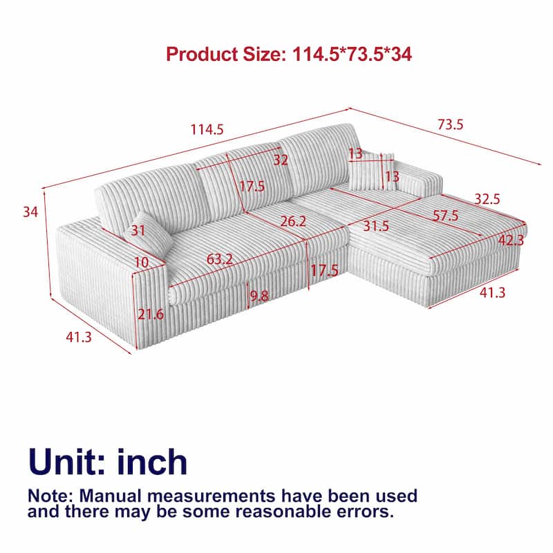 Roomfitters 114.5" Stylish Corduroy Modular Recliner Sofa, Convertible L-Shaped Couch with Neck Pillows & Throw Pillows