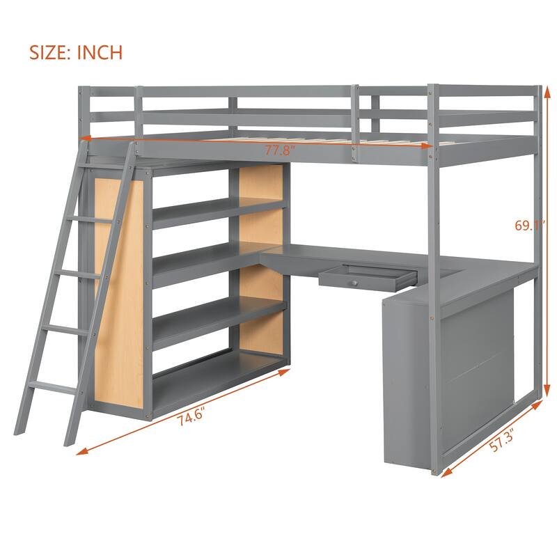 Full Size Loft Bed with Ladder, Shelves, and Study Desk in Gray