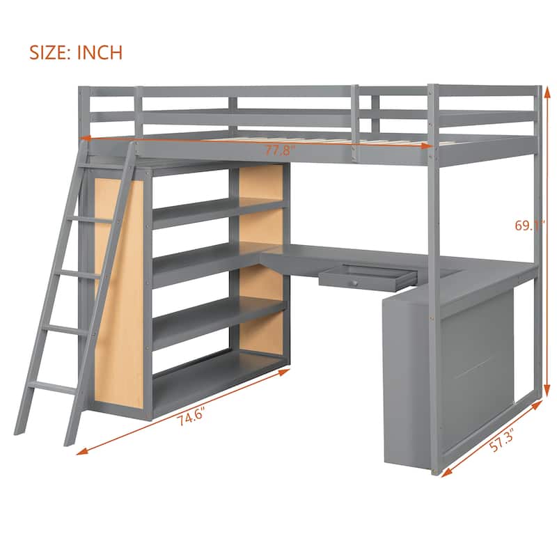 Wooden Bedframe Full Size Loft Bed with Built-in Desk, Storage Open Shelves, Drawer and Reversible Ladder for Kids, Teens