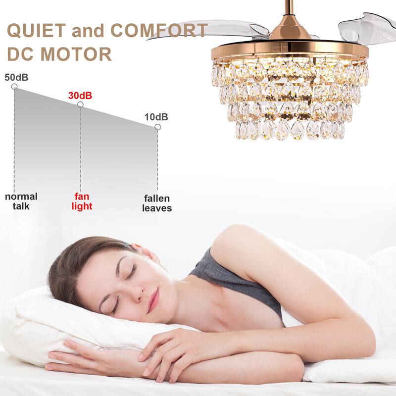 Bella Depot 42" Retractable Crystal Ceiling Fan with Light and Remote 6-Speed Reversible Fan
