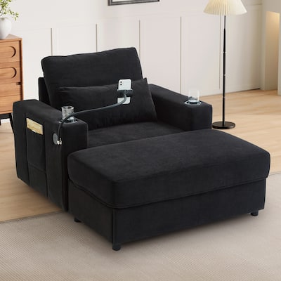 Chaise Lounge Sofa Couch with a Movable Storage Ottoman, Two USB Ports, Two Cup Holders, a Phone Holder，Side Pockets