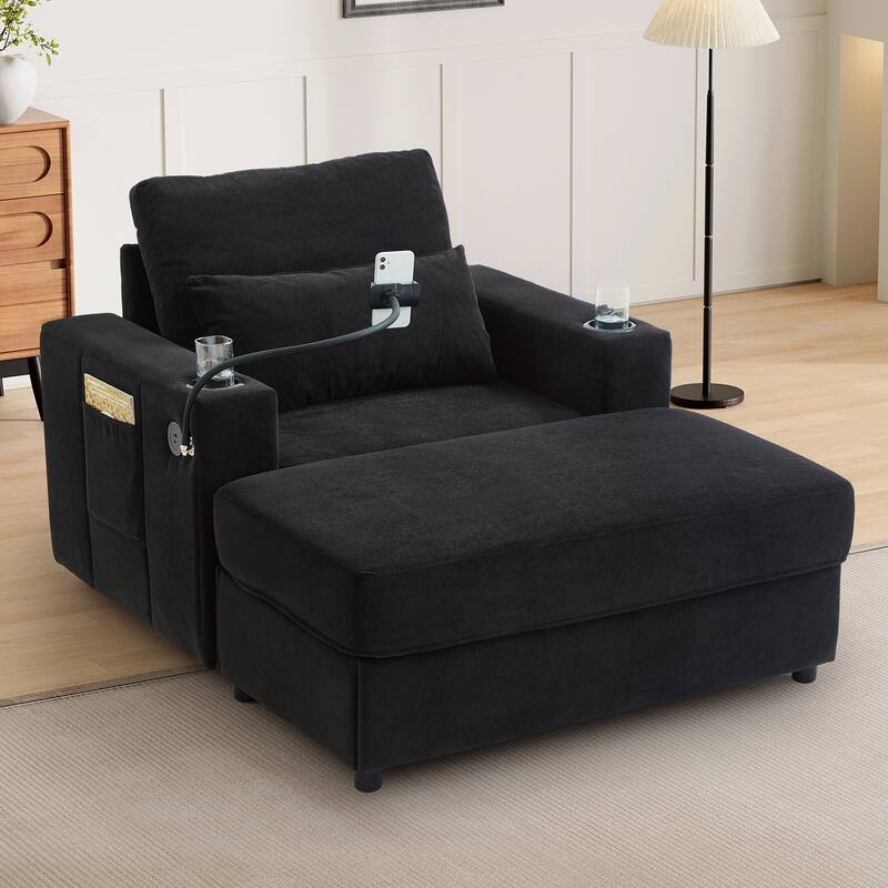 Modern Style Armchair 42.5" Chaise Lounge Sofa Couch with a Movable Storage Ottoman, Two USB Ports, Two Cup Holders - Black
