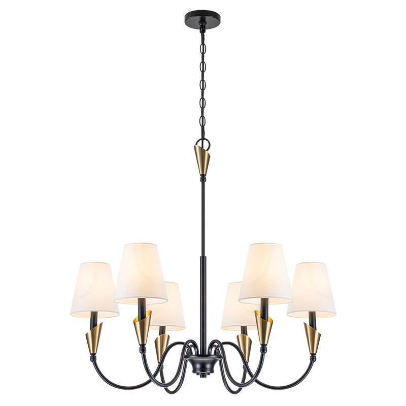 6-Light Matte Black S-Arm Chandelier with Conical Beige Fabric Shades - Dia.32.28-in