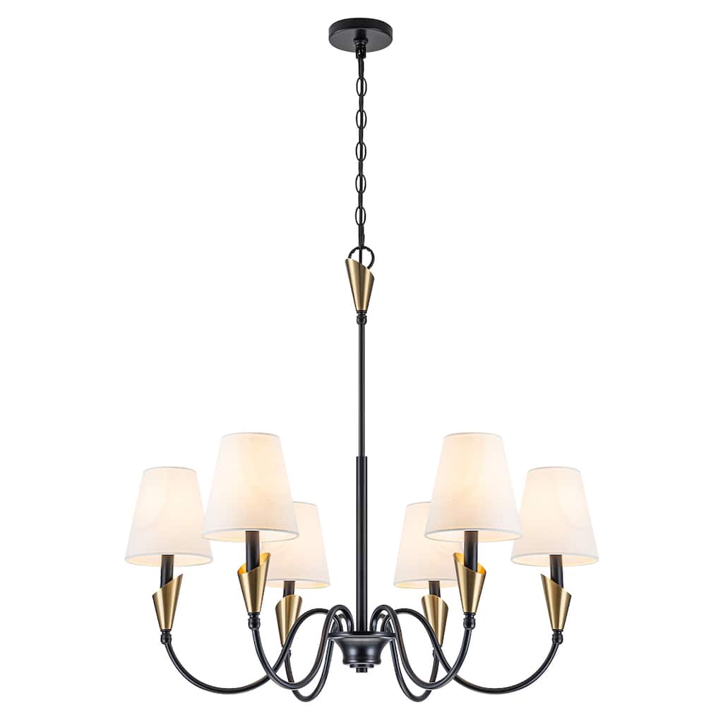 6-Light Matte Black S-Arm Chandelier with Conical Beige Fabric Shades - Dia.32.28-in