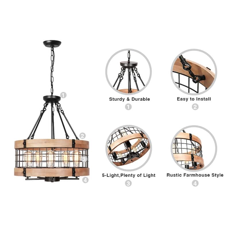 Anmytek Modern Farmhouse 5-Light Wood Cage Chandelier Drum Pendant Lights for Dining Room - 19.6" D x 22.3" H