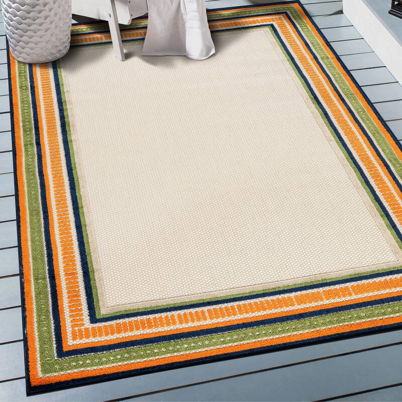 World Rug Gallery Indoor/Outdoor High-Low Textured Area Rug, Coastal Border Easy-Clean Patio Rug - 4' x 6' - Multi