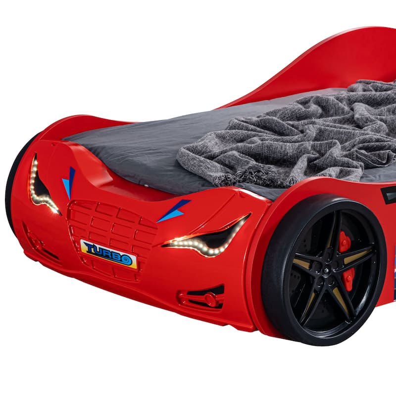 Furniture of America Rilven Modern Red Twin Race Car-Shaped Platform Bed with LED Headlights