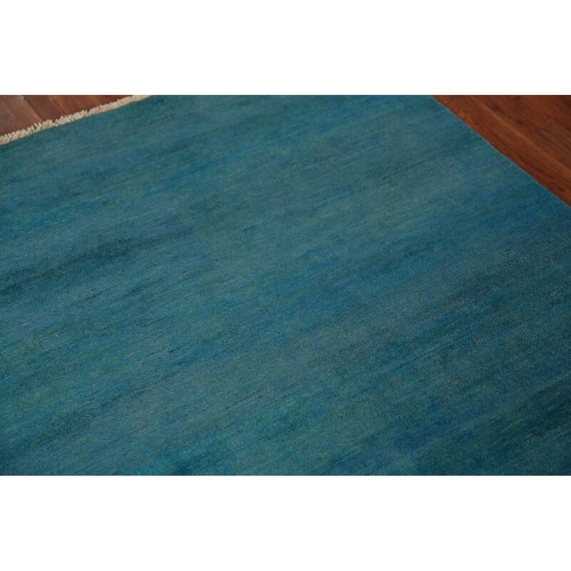 Teal Blue Gabbeh Square Oriental Rug Handmade Wool Carpet - 4'0" x 4'5"