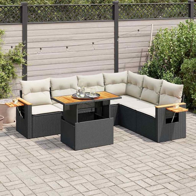 vidaXL Patio Sofa Set with Cushions Outdoor Furniture 7 Piece Poly Rattan - Black and cream with storage - 24.4" x 24.4" x 27.2"