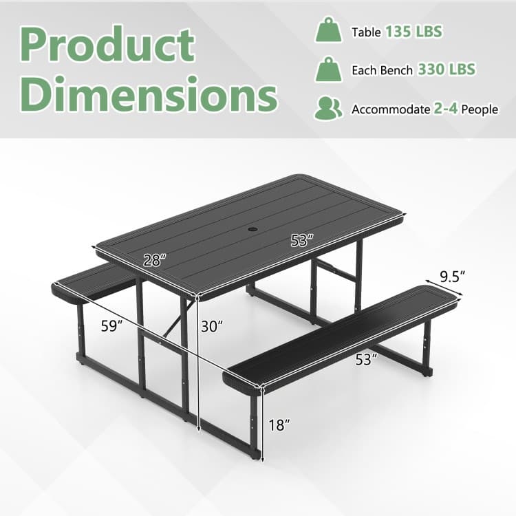 HDPE Picnic Table and Bench Set with Metal Frame and Umbrella Hole - 59" x 53" x 30"