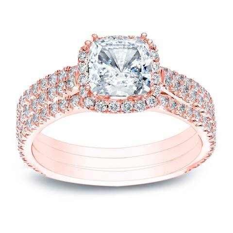 Auriya 2 2/5ctw Cushion-cut Halo Diamond Engagement Ring 3pc Set 14k Gold