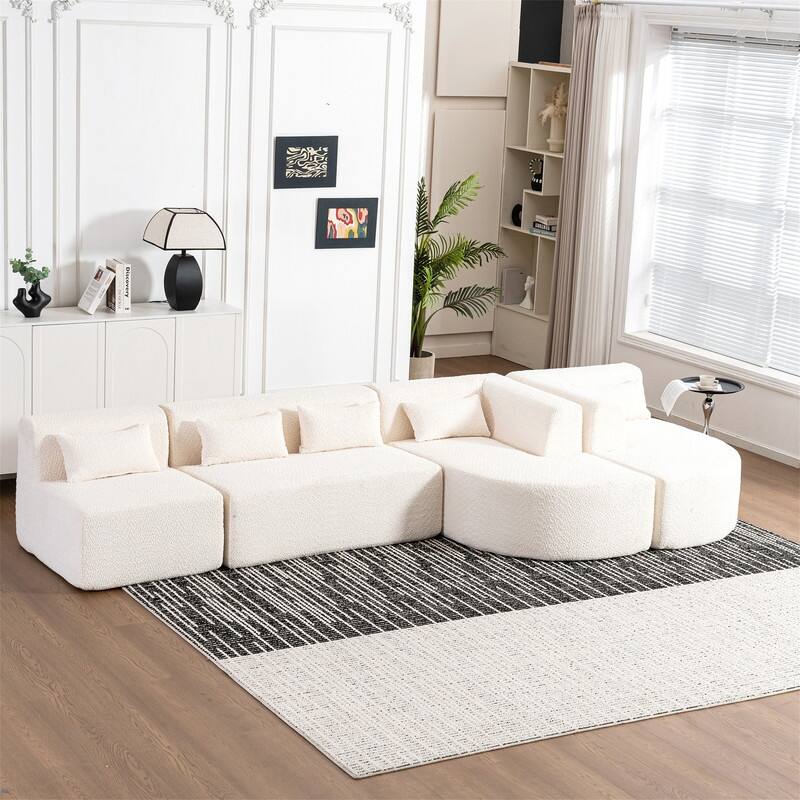 Convertible Sectional Sofa with 2 Curved Chaise Lounges, 143.7" Upholstered Sofa Free-combined Sofa Couch with 5 Back Pillows