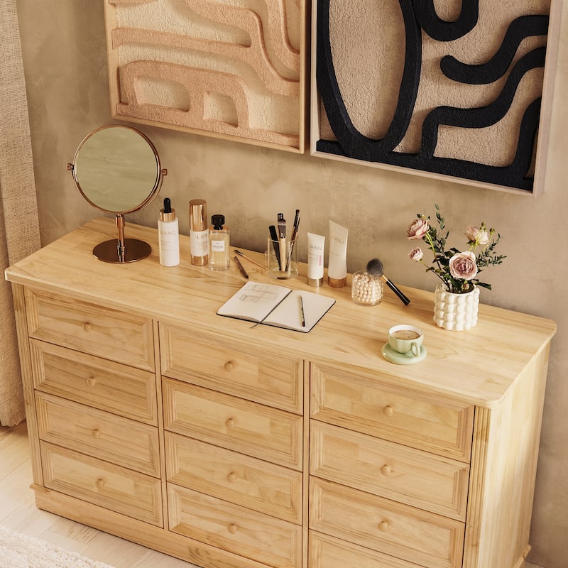 Extra Wide Solid Pine Wood 12-Drawer Changing Table Dresser – 59.9" Real Wood Nursery Dresser with Removable Topper