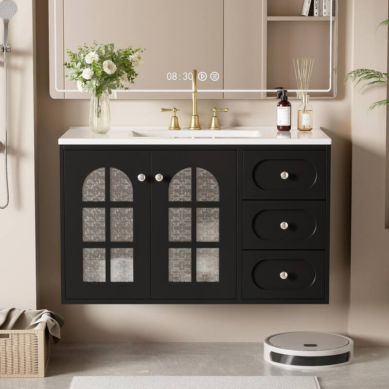 Floating Bathroom Vanity Black Wall Cabinet with Basin Sink Platform, Hazy Embossed Glass Doors, 3 Drawers and Metal Knobs