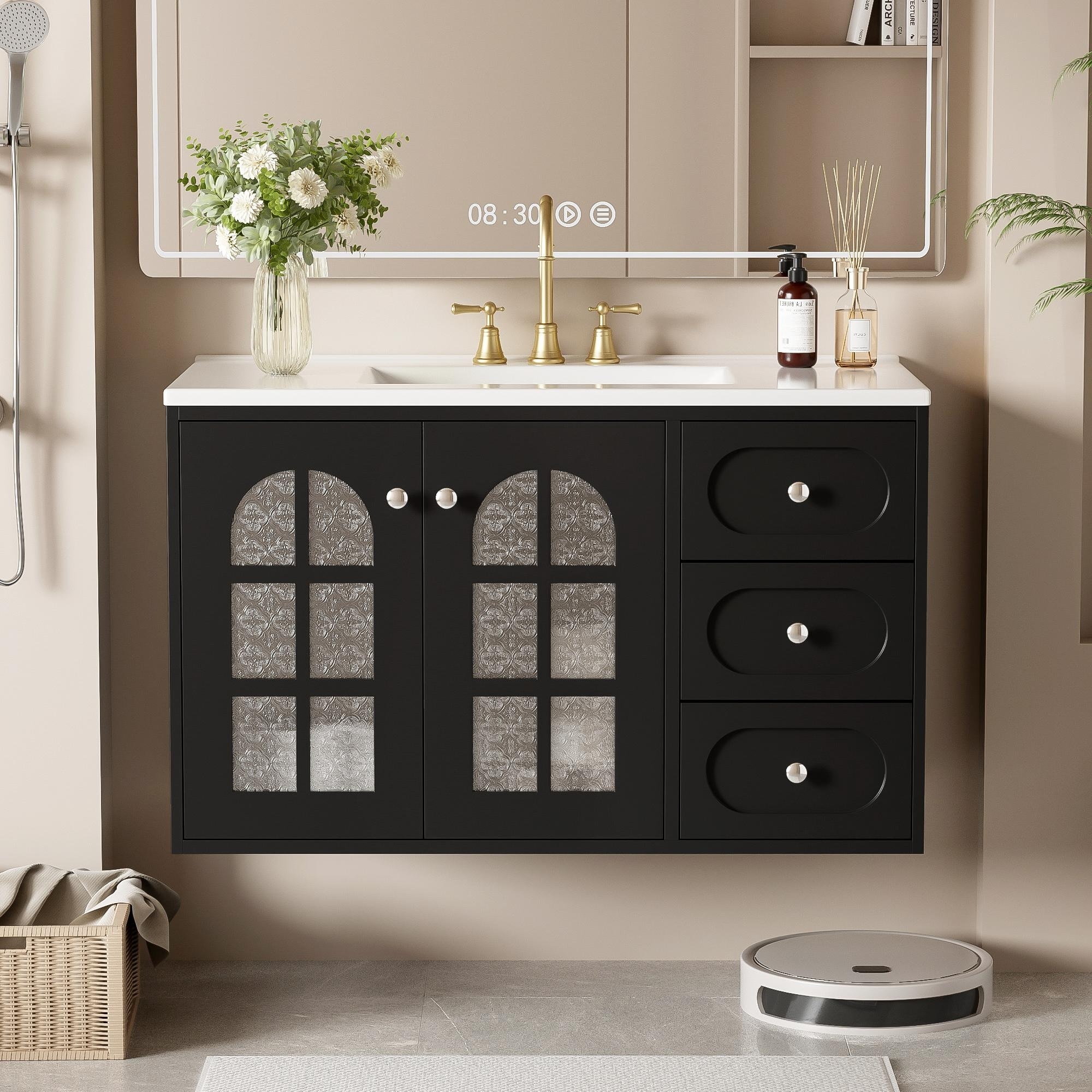 GDFStudio 36 Inch Floating Bathroom Vanity with Ceramic Sink Wall Mounted Bathroom Cabinet with 3 Drawers