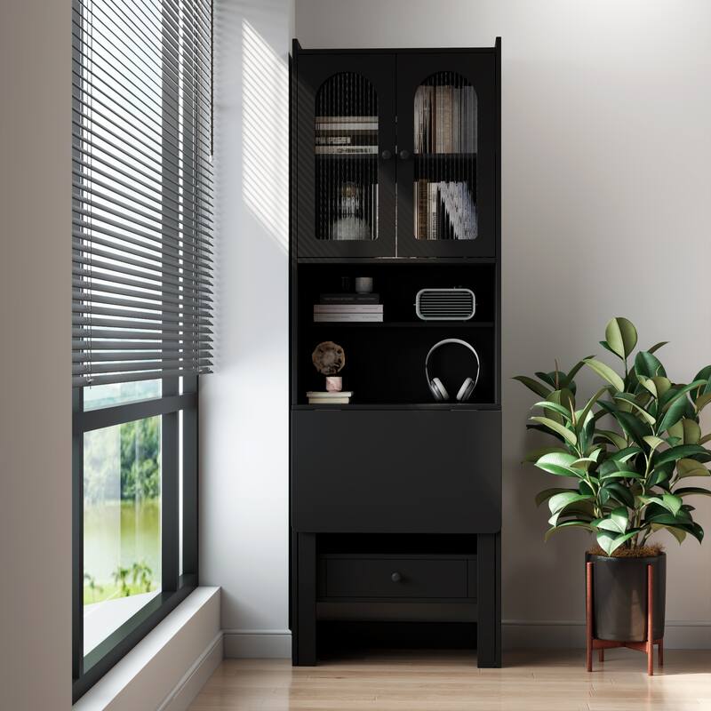 Fold-Out Convertible Writing Table, Desk Cabinet with Shelf and Drawer Multi-Function Home Office Workstation - Black