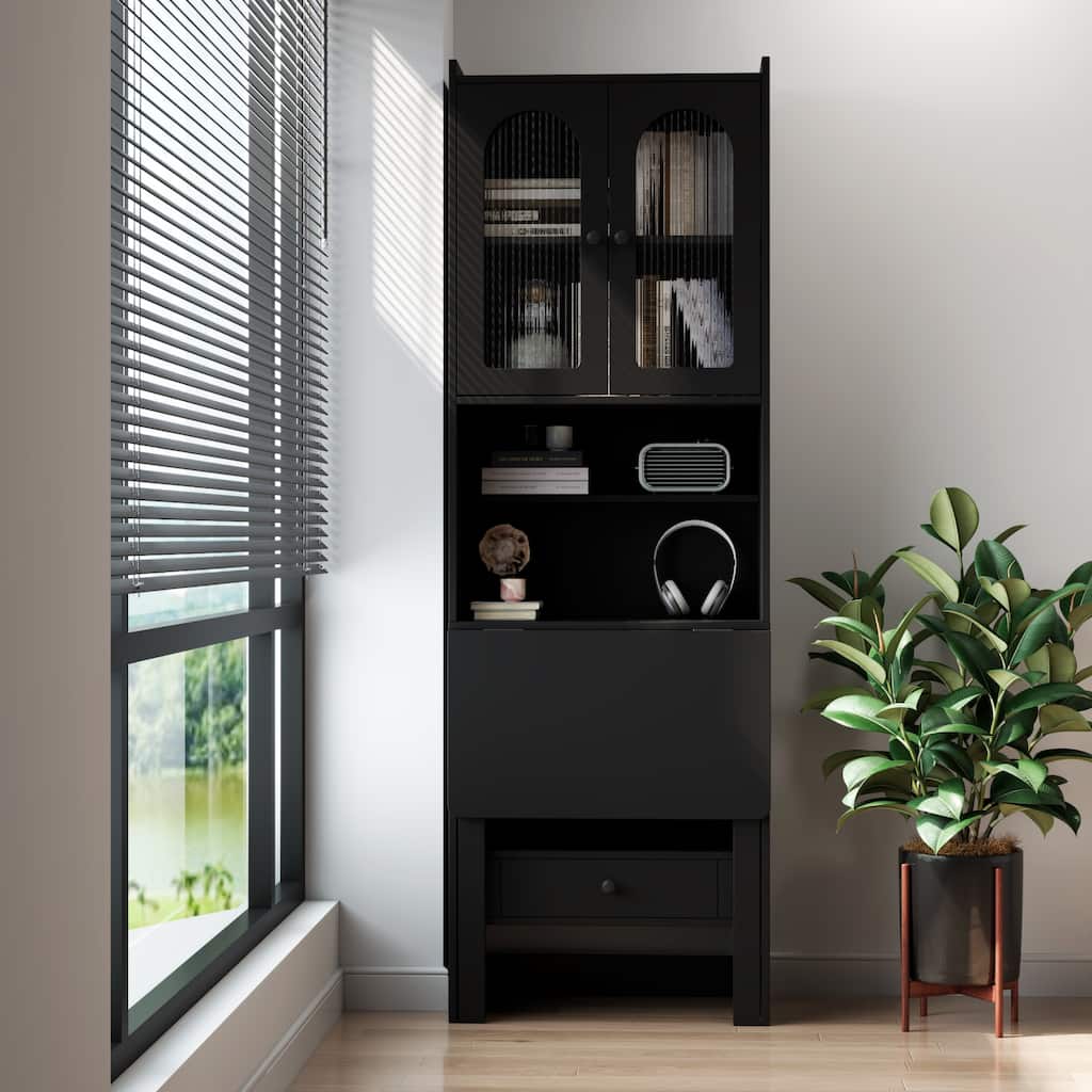 Foldable Desk with Storage Shelf & Drawer, Space-Saving Convertible Home Office Writing Table