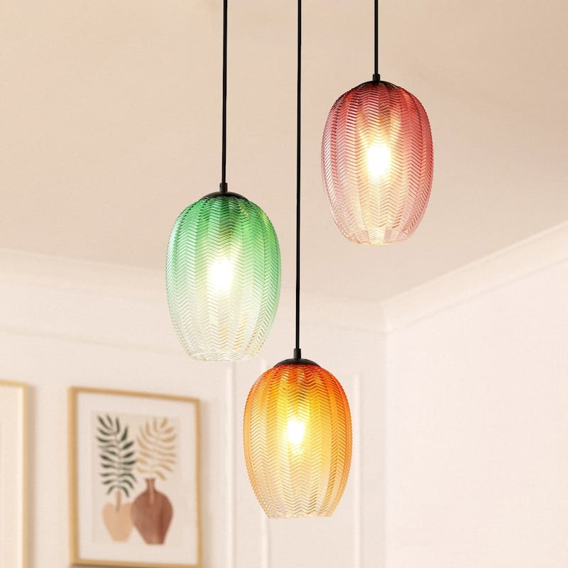 1/3-Light Modern Black Cylinder Colored Textured Gradient Glass Pendant Light for Kitchen Island or Stairway