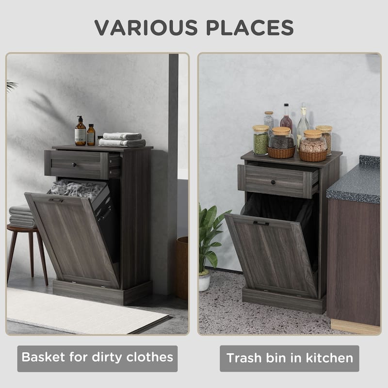 Kitchen Tilt Out Trash Bin Cabinet Free Standing Recycling Cabinet Trash Can Holder With Drawer, Charcoal Gray