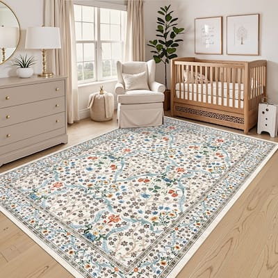 Floral Area Rugs for Living Room Bedroom Indoor Soft Low Pile Non-Slip Rug Farmhouse Rug Home Decor