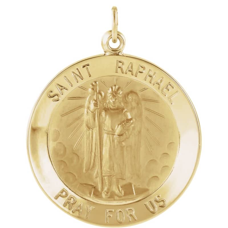 Curata 14k Yellow Gold 15mm Polished Round St. Raphel Medal Necklace, 16"