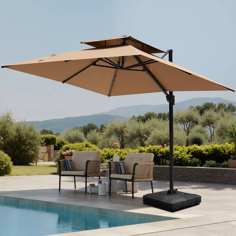 Pellebant Outdoor 10 FT Square Cantilever Patio Umbrella with Wheel Base - Tan