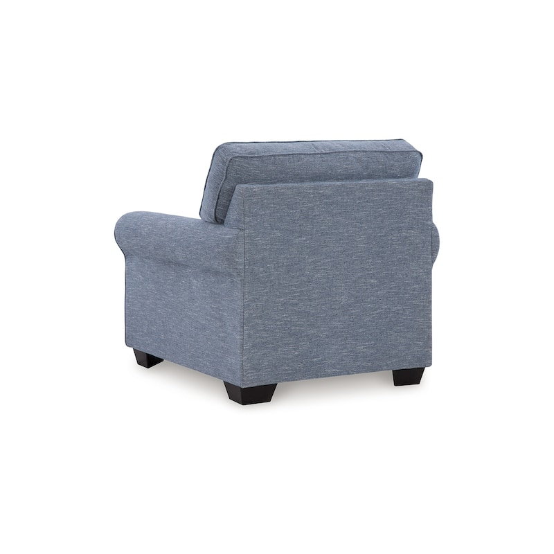 Sano Chair, Denim Blue Polyester, Soft Cushioning, Black Wood Frame