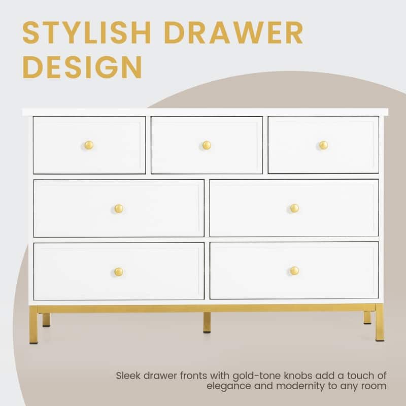 47" White Wooden Dresser With 7 Deep Drawers & Metal Handles