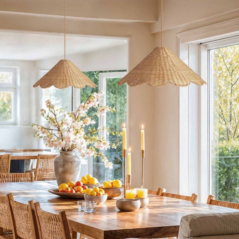 Daisy Rattan Pendant Light - Natural Large Cone 1-Light Handwoven Light Fixture For Modern, Coastal, Farmhouse, Boho Room Décor