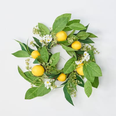 17" Lemon, Green Leaves and White Flowers Wreath - 17